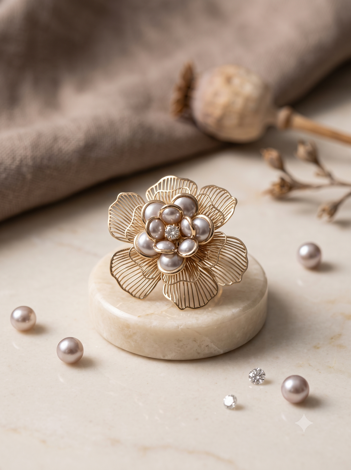 Vintage Bloom Wireframe & Faux Pearl Ring