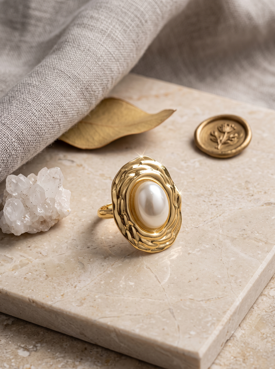 Vintage-Inspired Textured Gold & Oval Pearl Statement Ring