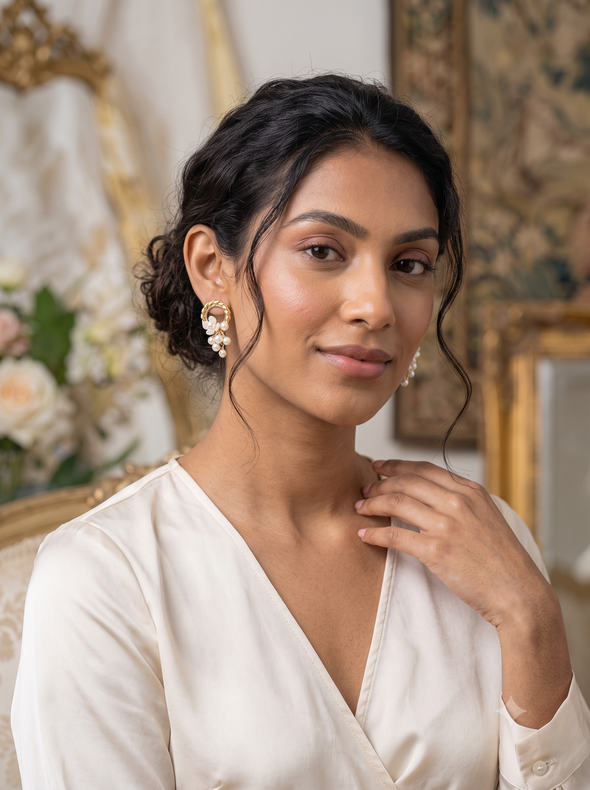 Vintage Braided Gold Hoop & Pearl Cascade Drop Earrings