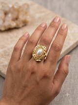 Vintage-Inspired Textured Gold & Oval Pearl Statement Ring